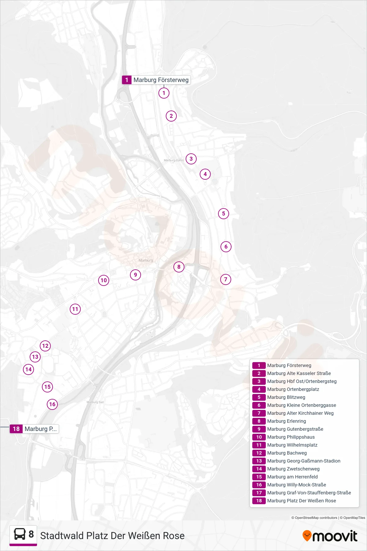 Linie 8 (Bus) Richtung Stadtwald Platz Der Weißen Rose: Route und Haltestellen auf der Karte