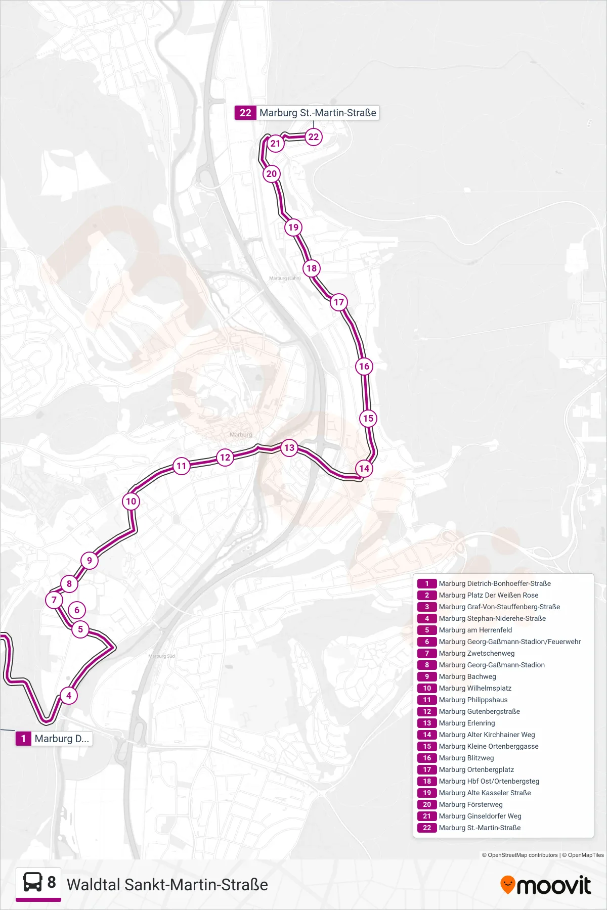 8 bus Line (Waldtal Sankt-Martin-Straße) route and stops on a map