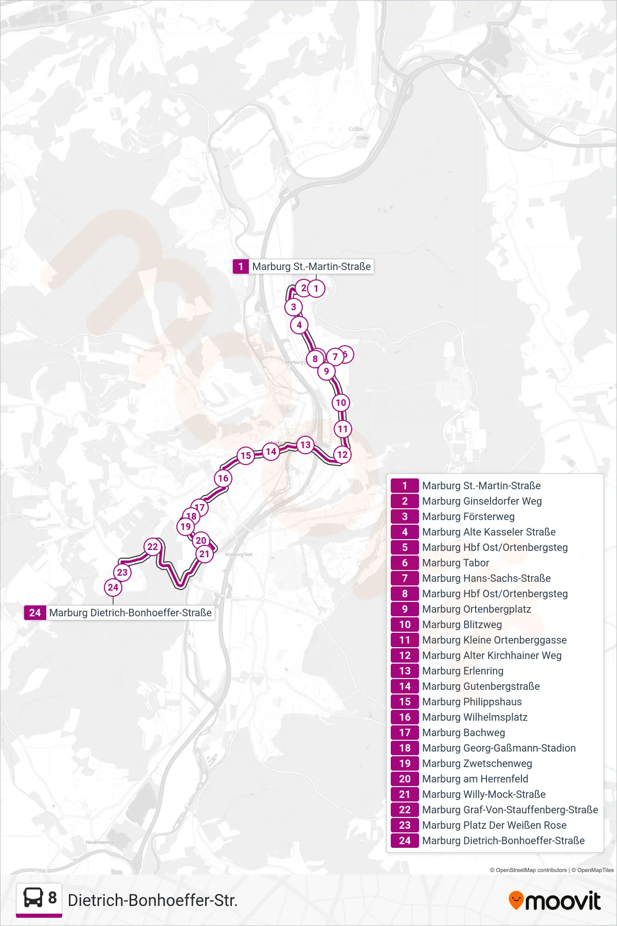 8 bus Line (Dietrich-Bonhoeffer-Str.) route and stops on a map