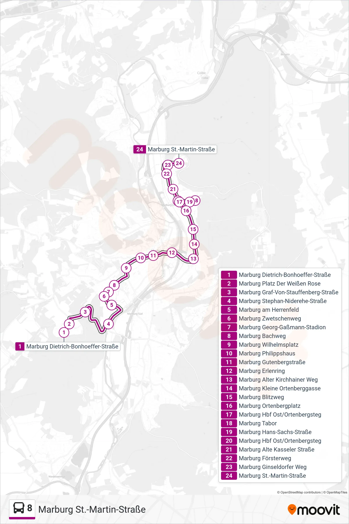 8 bus Line (Marburg St.-Martin-Straße) route and stops on a map