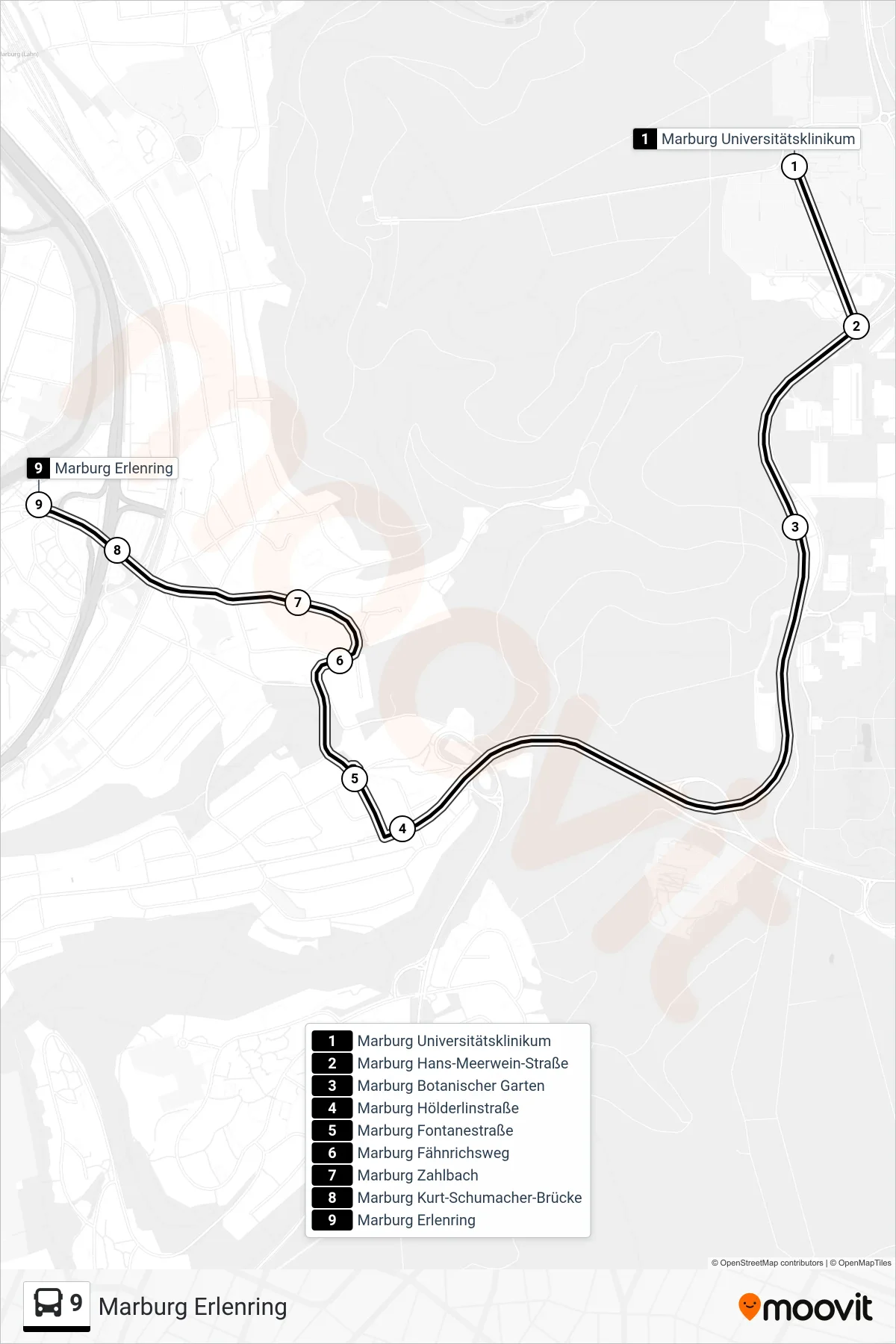 9 bus Line (Marburg Erlenring) route and stops on a map