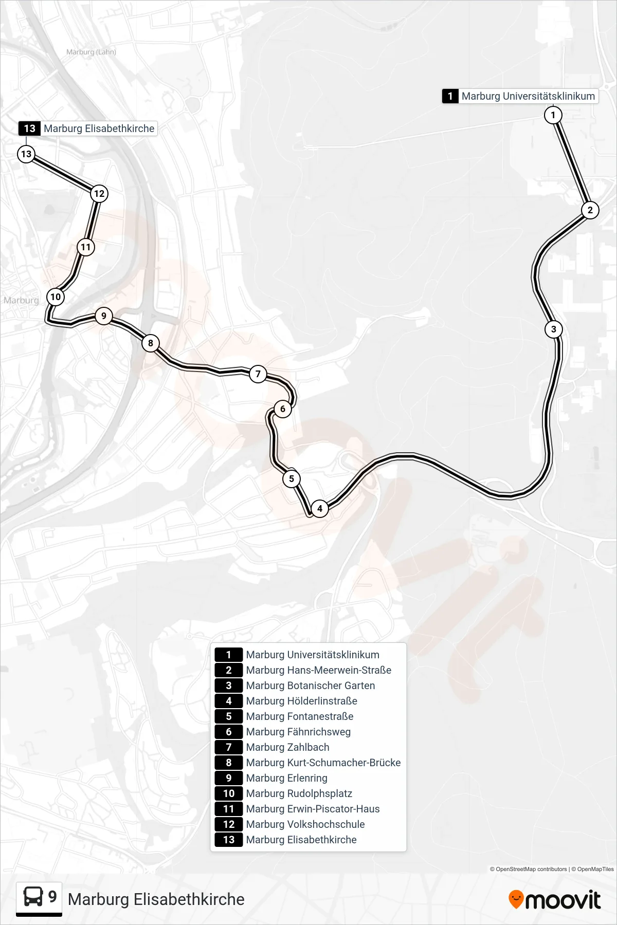 9 bus Line (Marburg Elisabethkirche) route and stops on a map