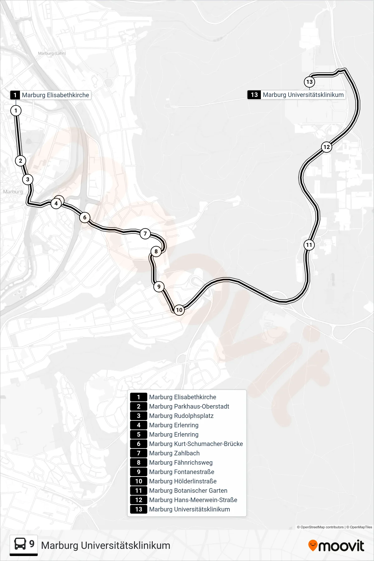 Linie 9 (Bus) Richtung Marburg Universitätsklinikum: Route und Haltestellen auf der Karte