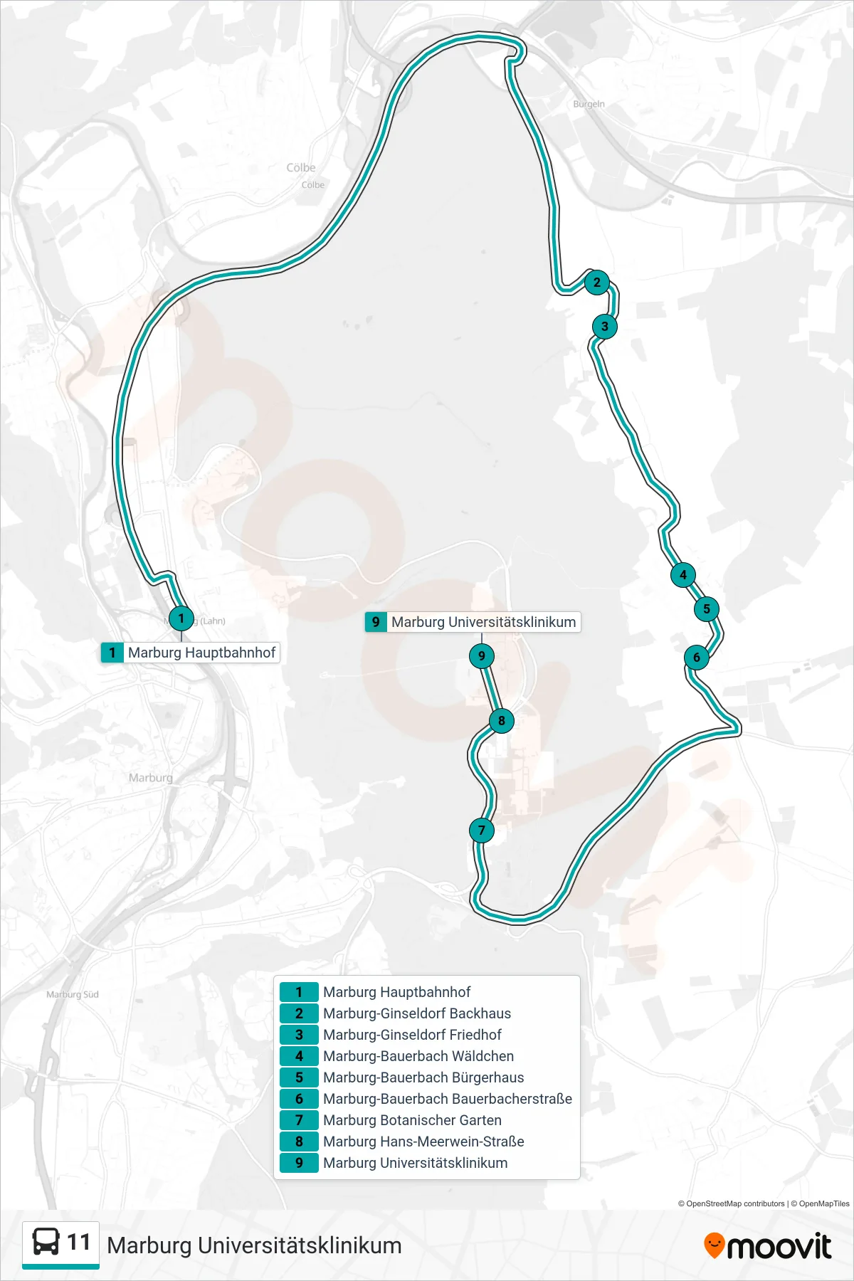 Linie 11 (Bus) Richtung Marburg Universitätsklinikum: Route und Haltestellen auf der Karte