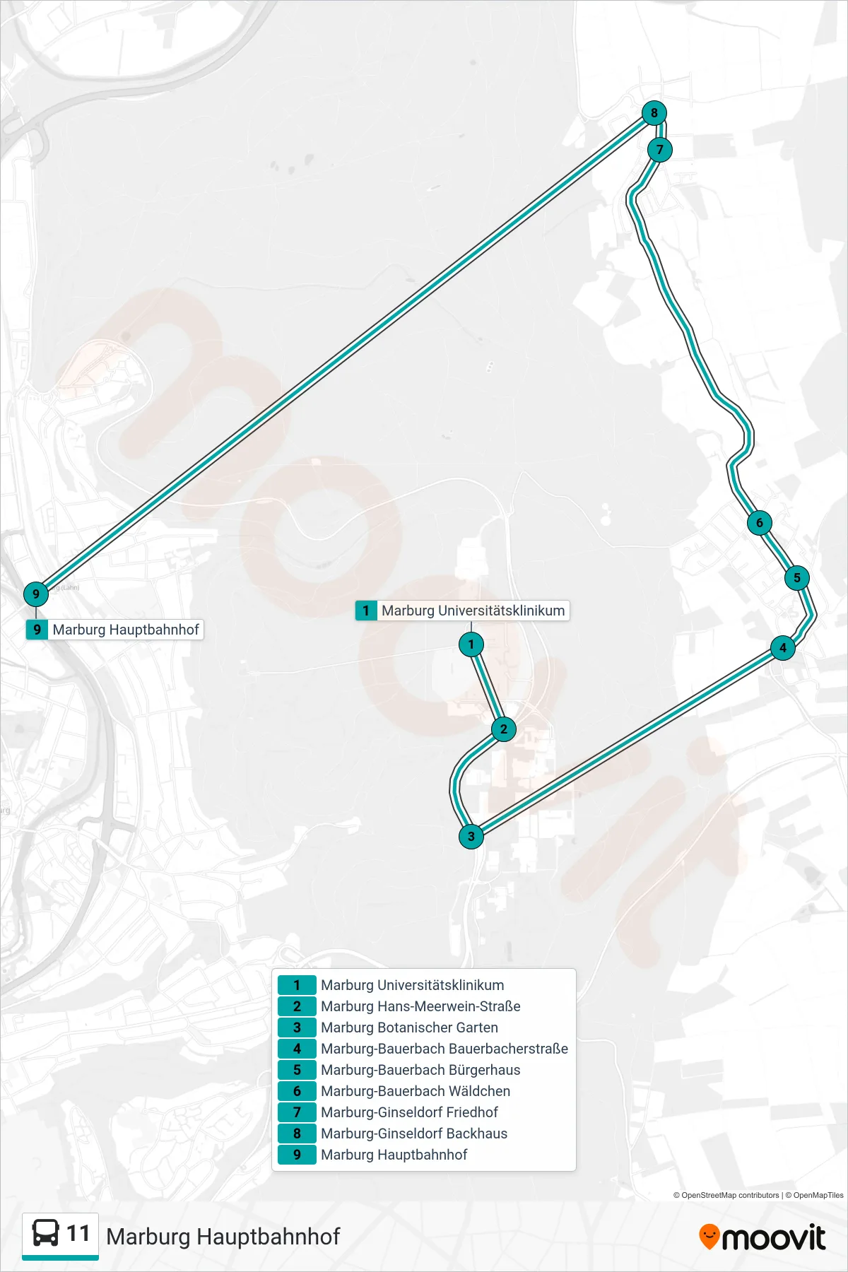 11 bus Line (Marburg Hauptbahnhof) route and stops on a map
