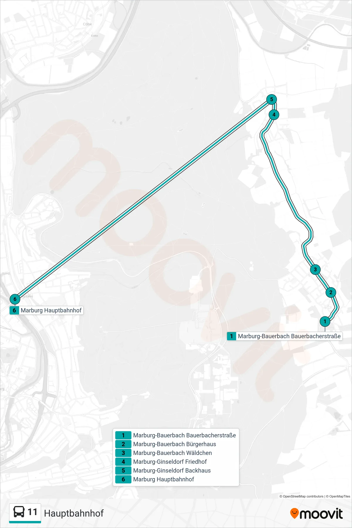 11 bus Line (Hauptbahnhof) route and stops on a map
