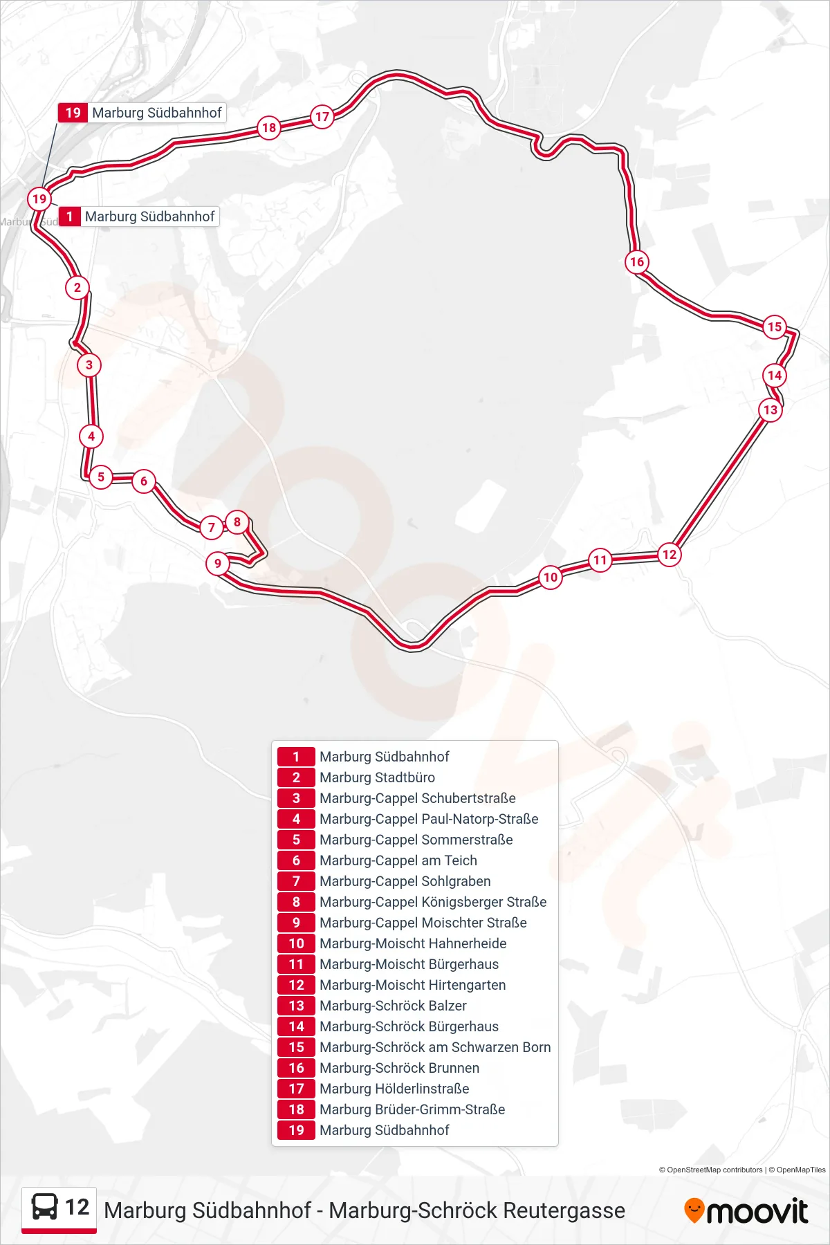 12 bus Line (Marburg Südbahnhof) route and stops on a map