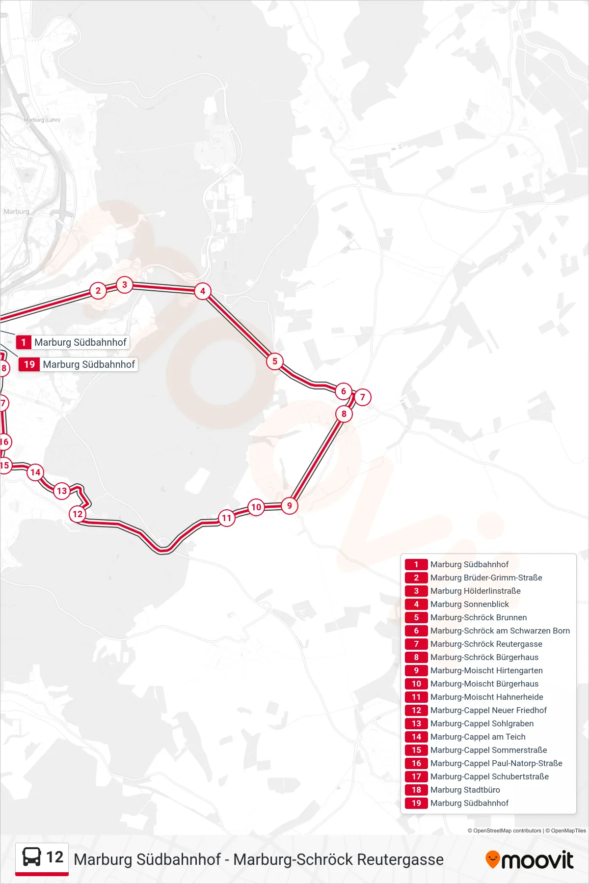 Linie 12 (Bus) Richtung Marburg Südbahnhof: Route und Haltestellen auf der Karte