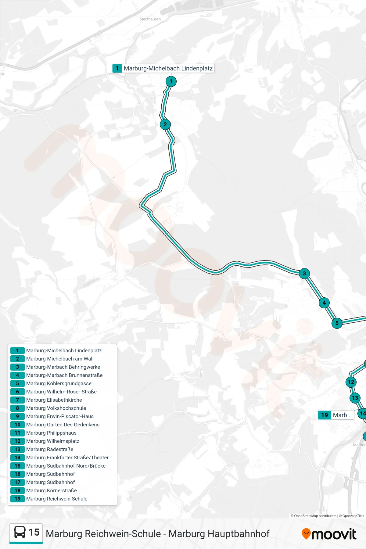 Linie 15 (Bus) Richtung Marburg Reichwein-Schule: Route und Haltestellen auf der Karte