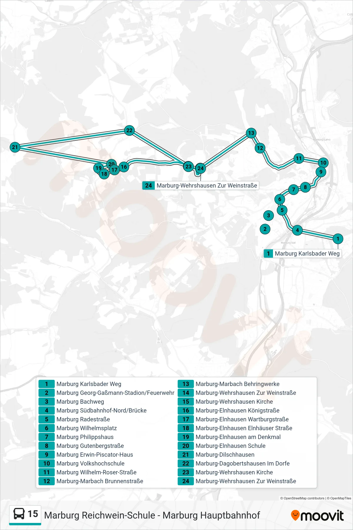 15 bus Line (Marburg-Wehrshausen Zur Weinstraße) route and stops on a map