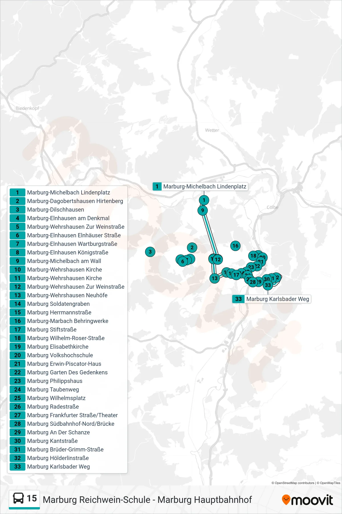 15 bus Line (Marburg Karlsbader Weg) route and stops on a map