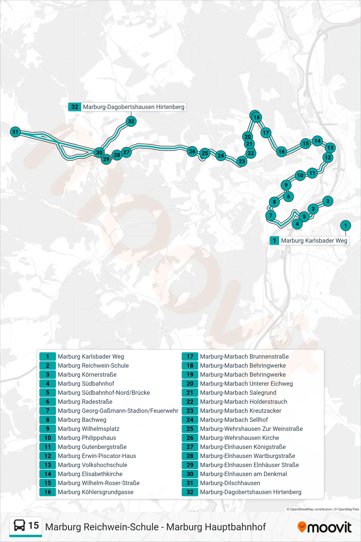 15 bus Line (Marburg-Dagobertshausen Hirtenberg) route and stops on a map