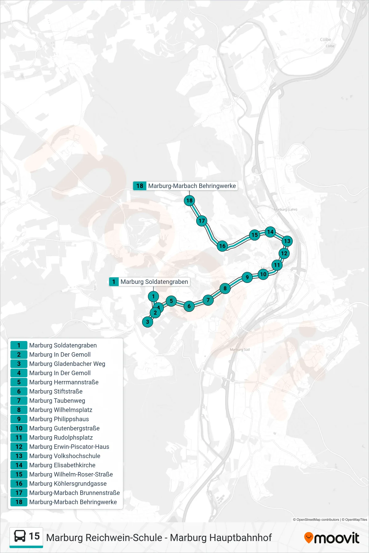 15 bus Line (Marburg-Marbach Behringwerke) route and stops on a map