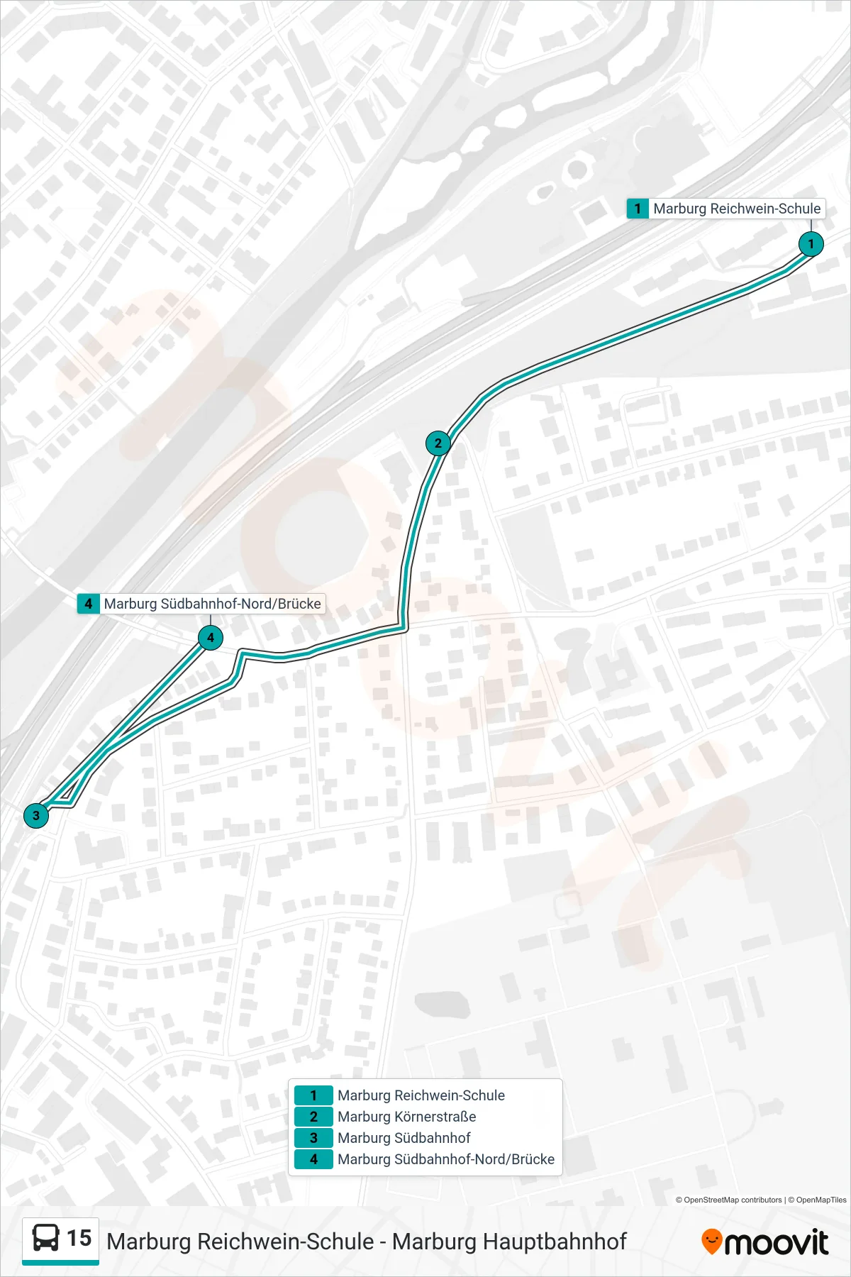 15 bus Line (Marburg Südbahnhof-Nord/Brücke) route and stops on a map