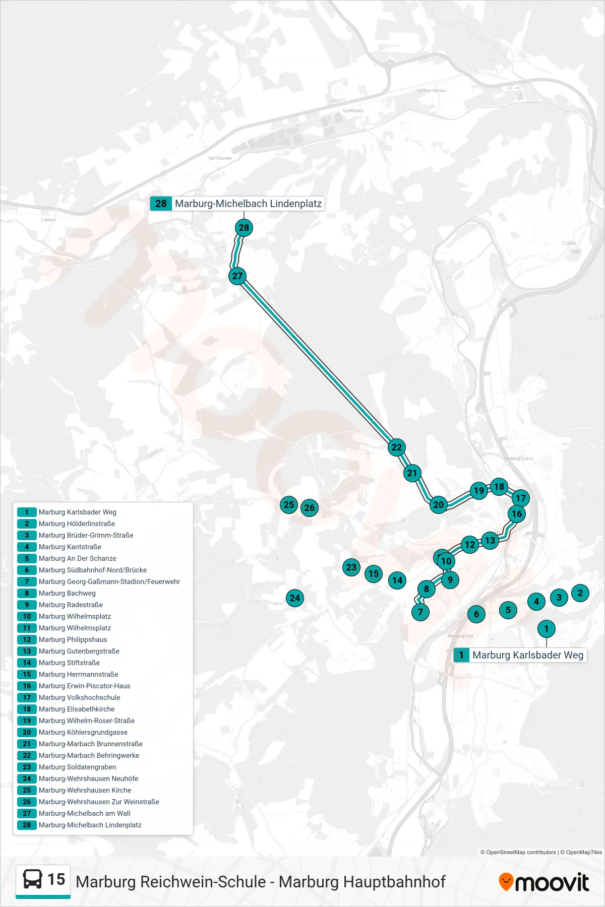 15 bus Line (Marburg-Michelbach Lindenplatz) route and stops on a map