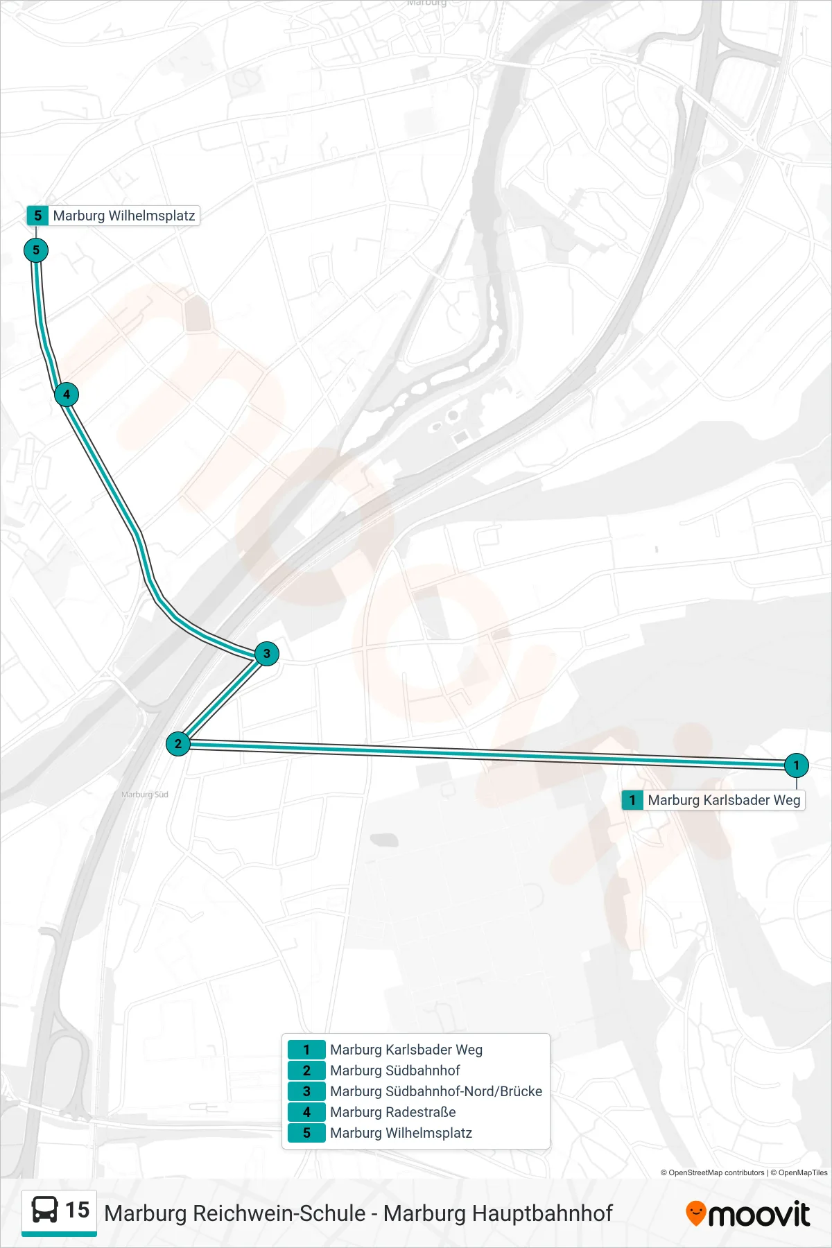 15 bus Line (Marburg Wilhelmsplatz) route and stops on a map