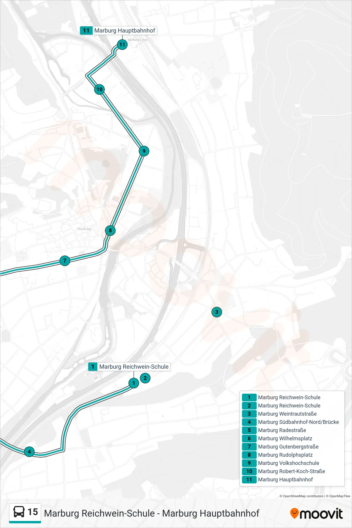 15 bus Line (Marburg Hauptbahnhof) route and stops on a map