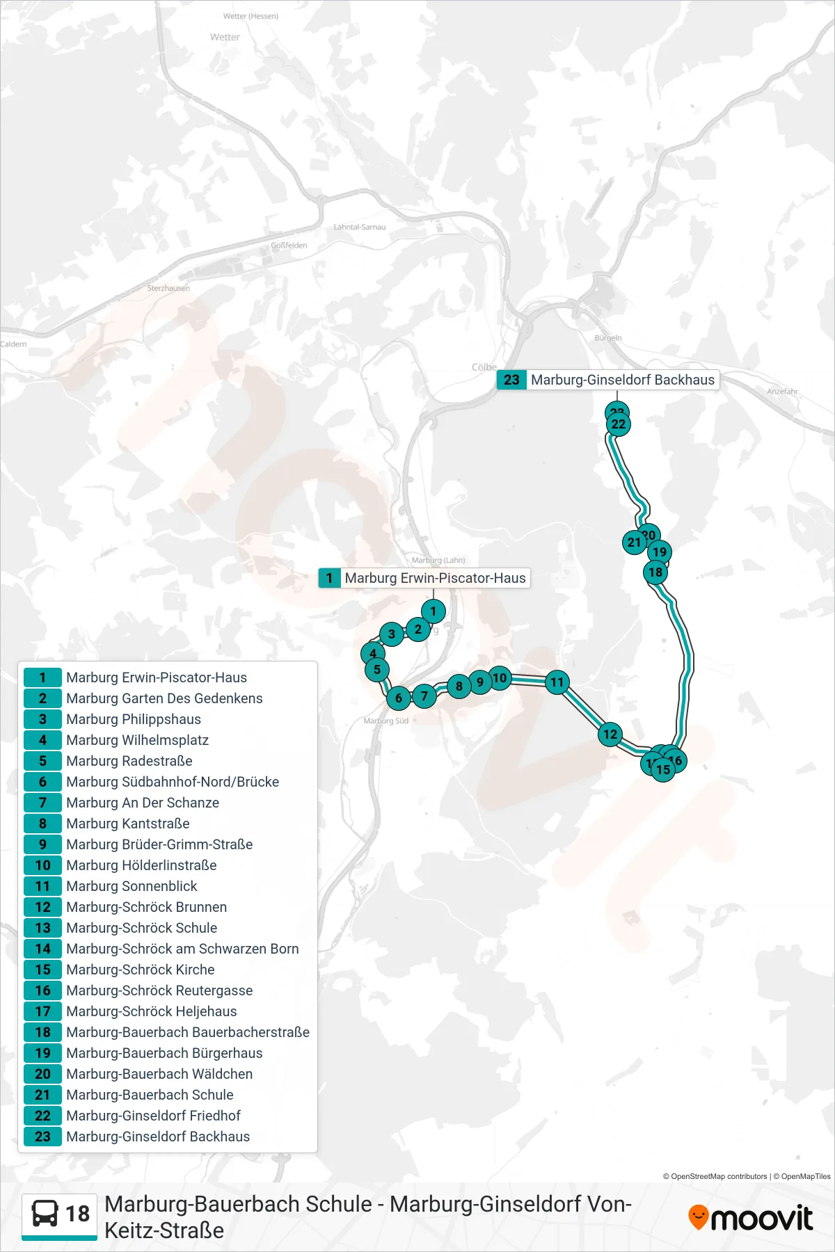 Linie 18 (Bus) Richtung Marburg-Ginseldorf Backhaus: Route und Haltestellen auf der Karte