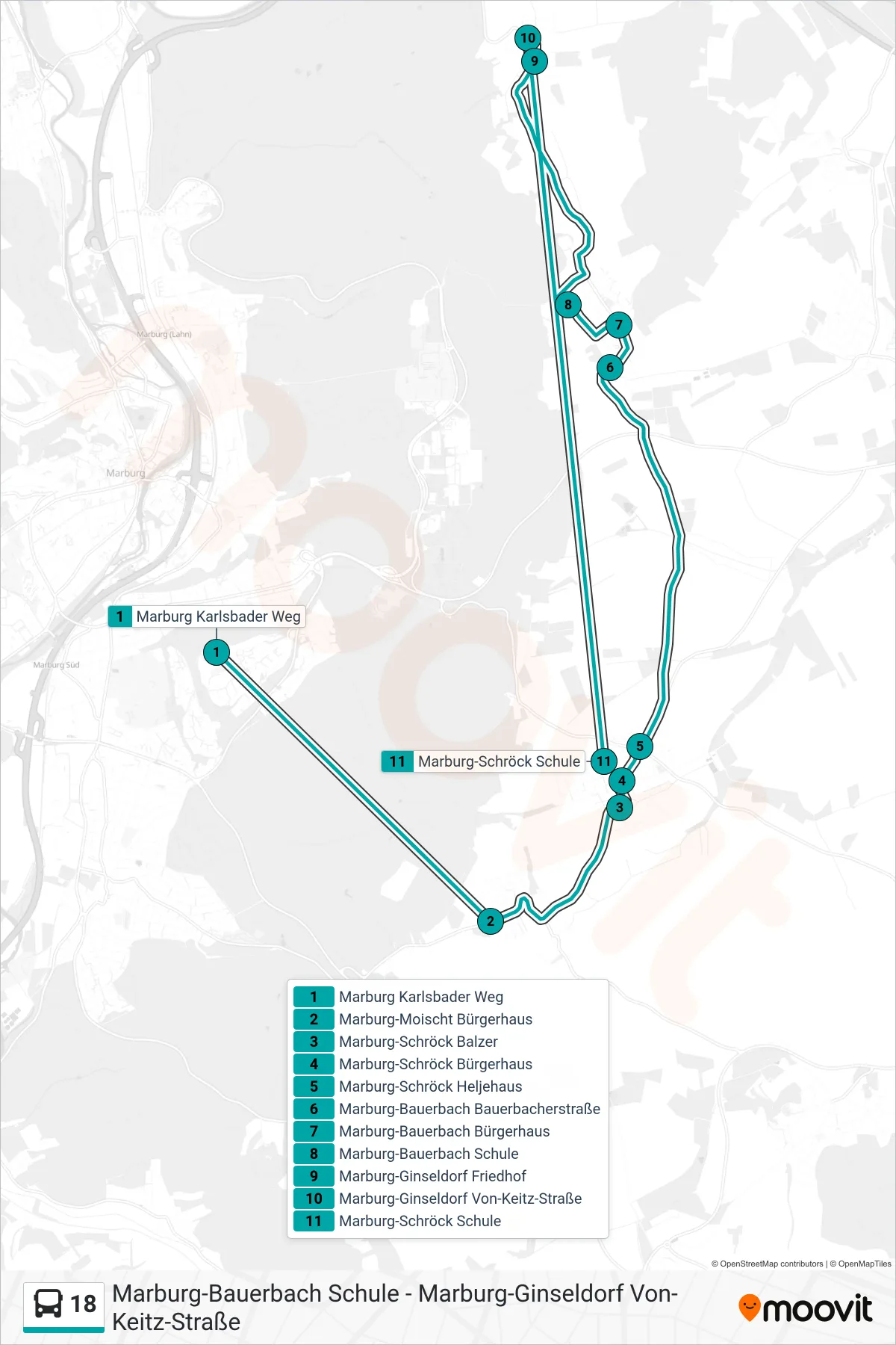 18 bus Line (Marburg-Schröck Schule) route and stops on a map