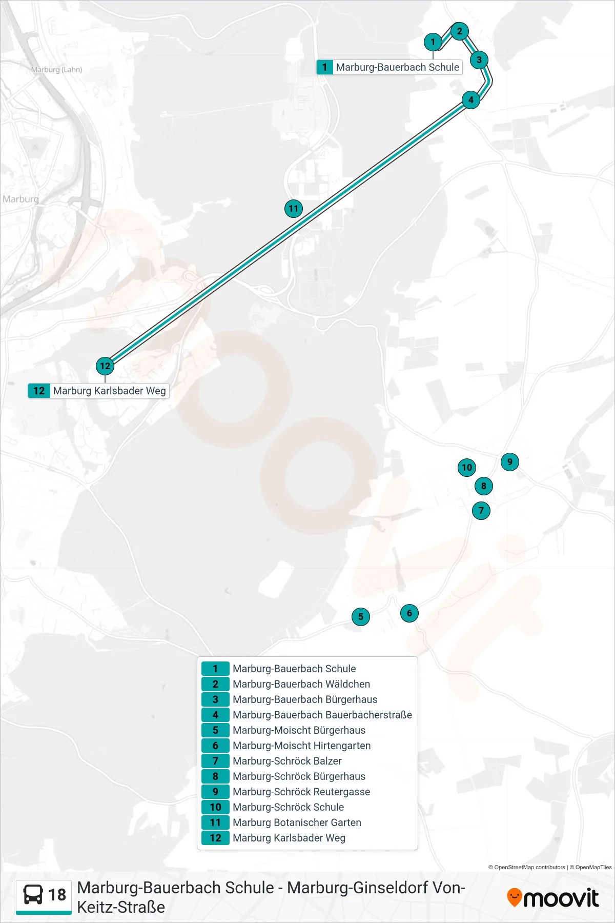 18 bus Line (Marburg Karlsbader Weg) route and stops on a map