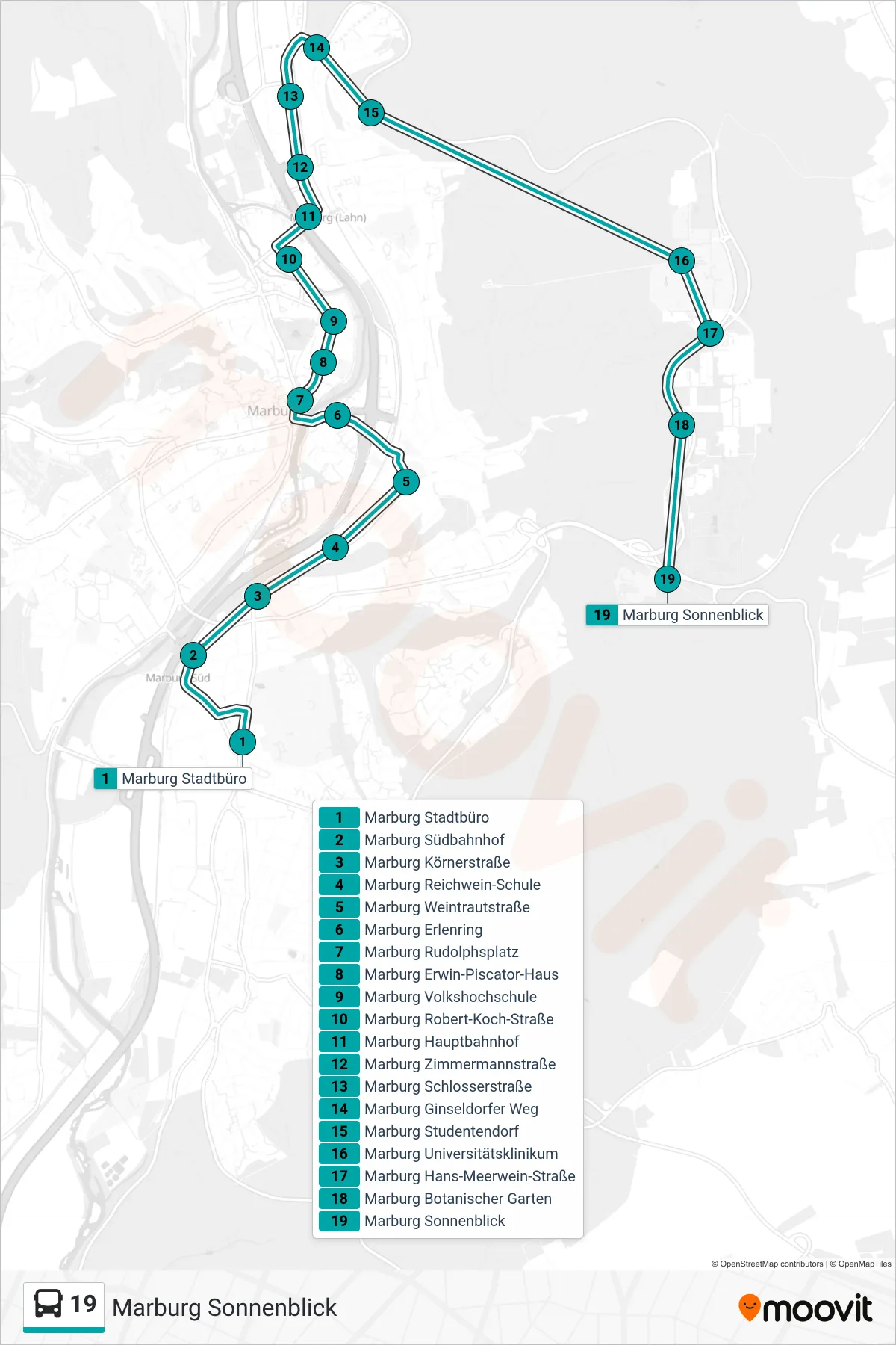Linie 19 (Bus) Richtung Marburg Sonnenblick: Route und Haltestellen auf der Karte