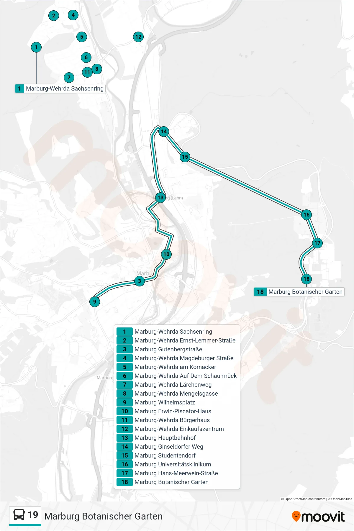 19 bus Line (Marburg Botanischer Garten) route and stops on a map