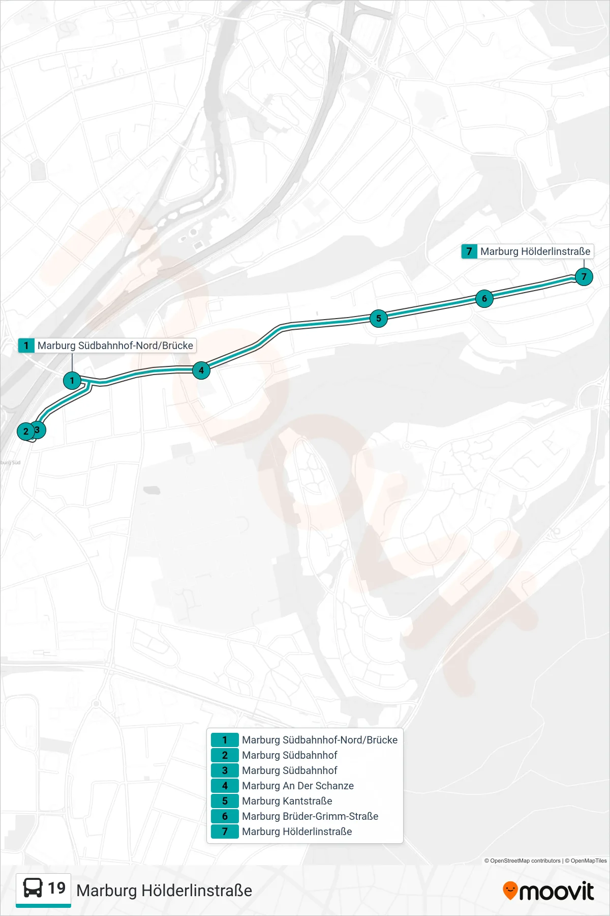 19 bus Line (Marburg Hölderlinstraße) route and stops on a map