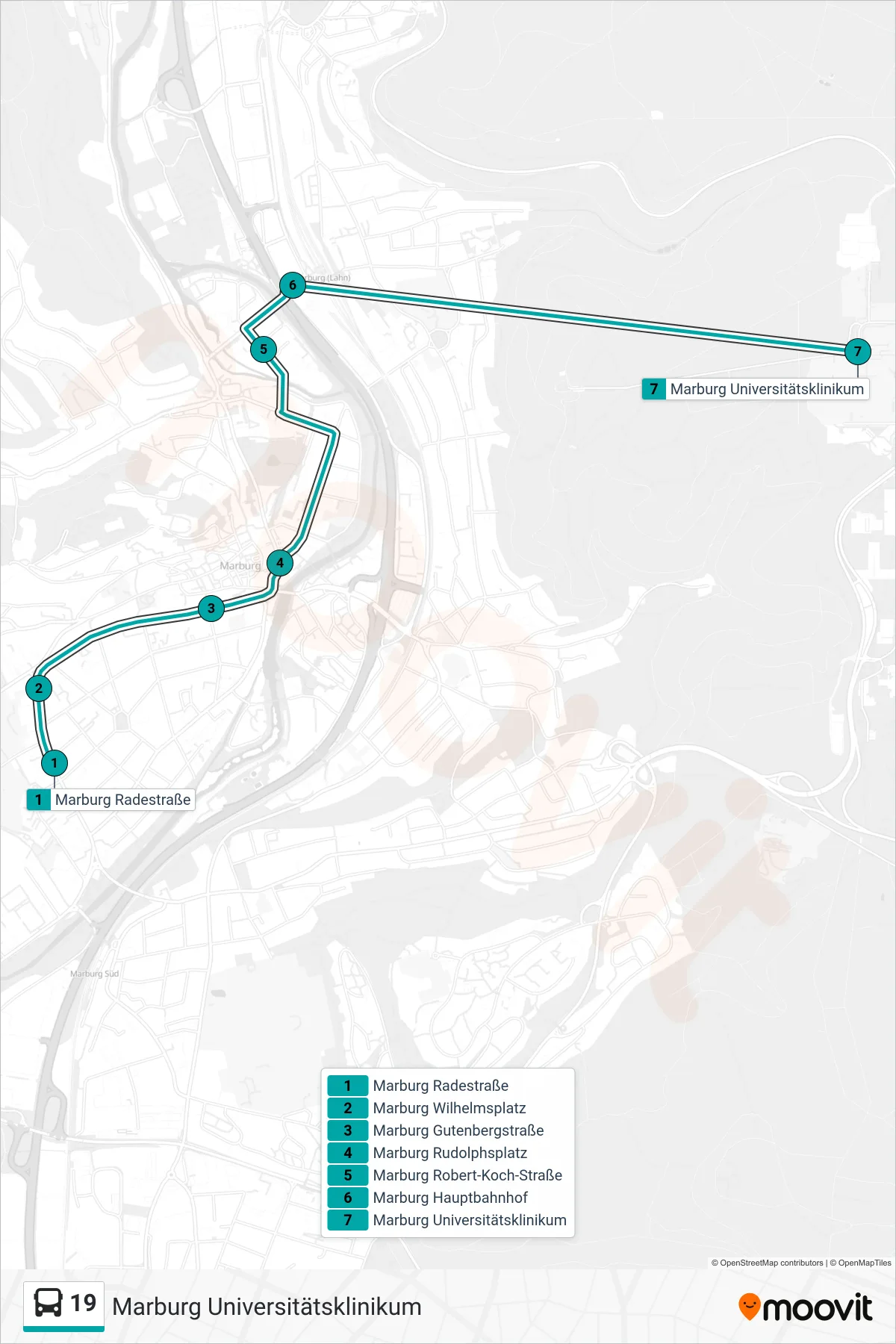 19 bus Line (Marburg Universitätsklinikum) route and stops on a map
