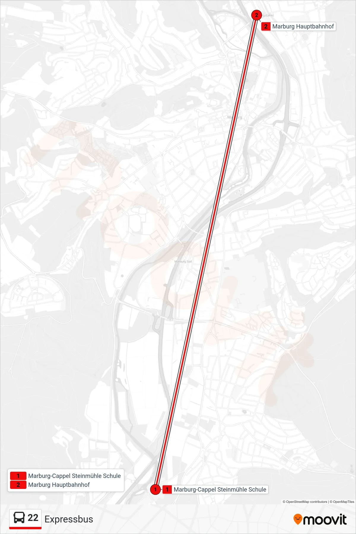 22 bus Line (Expressbus) route and stops on a map