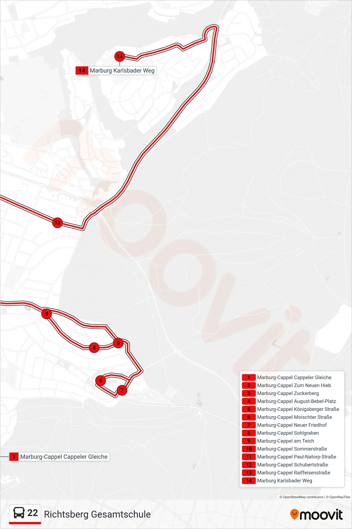 22 bus Line (Richtsberg Gesamtschule) route and stops on a map