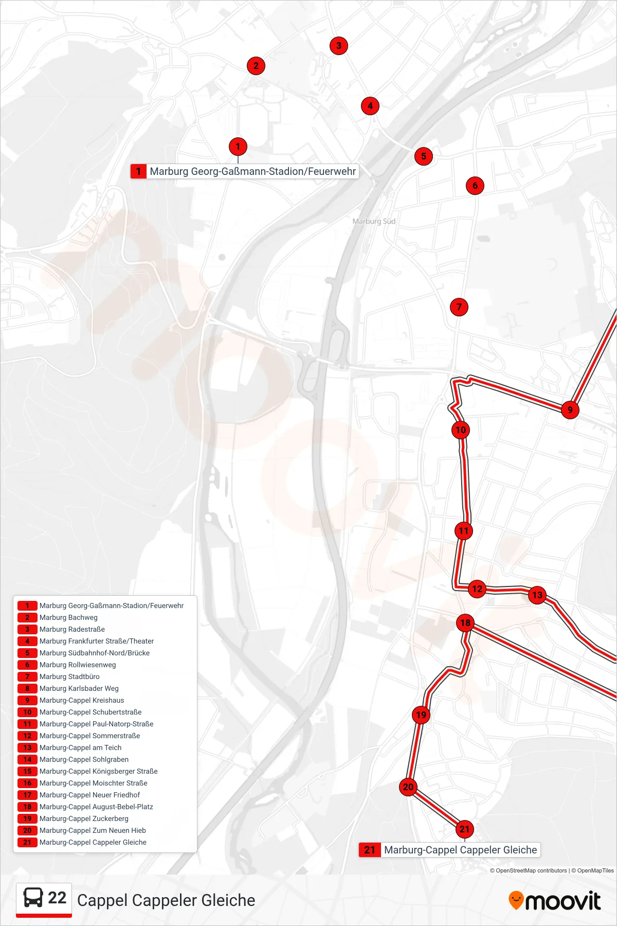 22 bus Line (Cappel Cappeler Gleiche) route and stops on a map