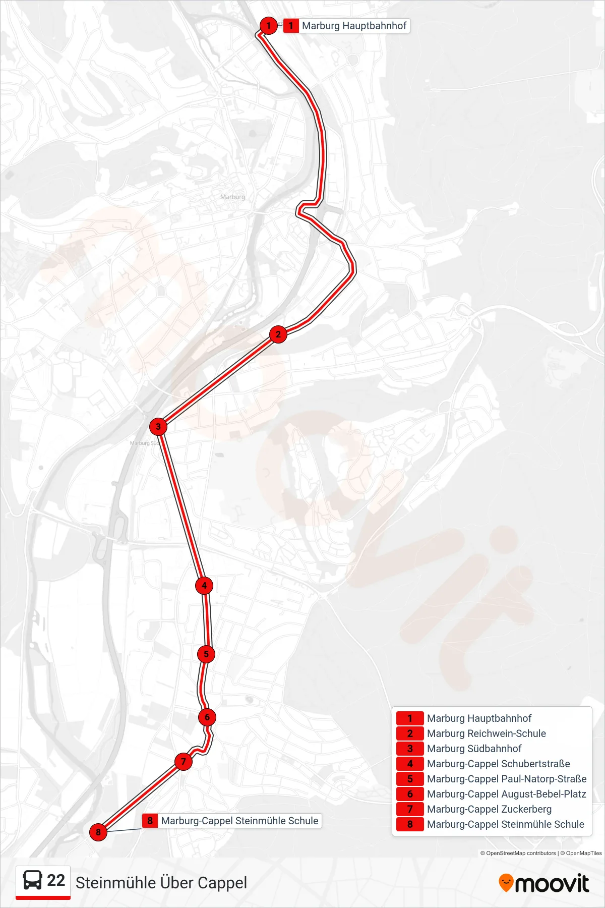 22 bus Line (Steinmühle Über Cappel) route and stops on a map