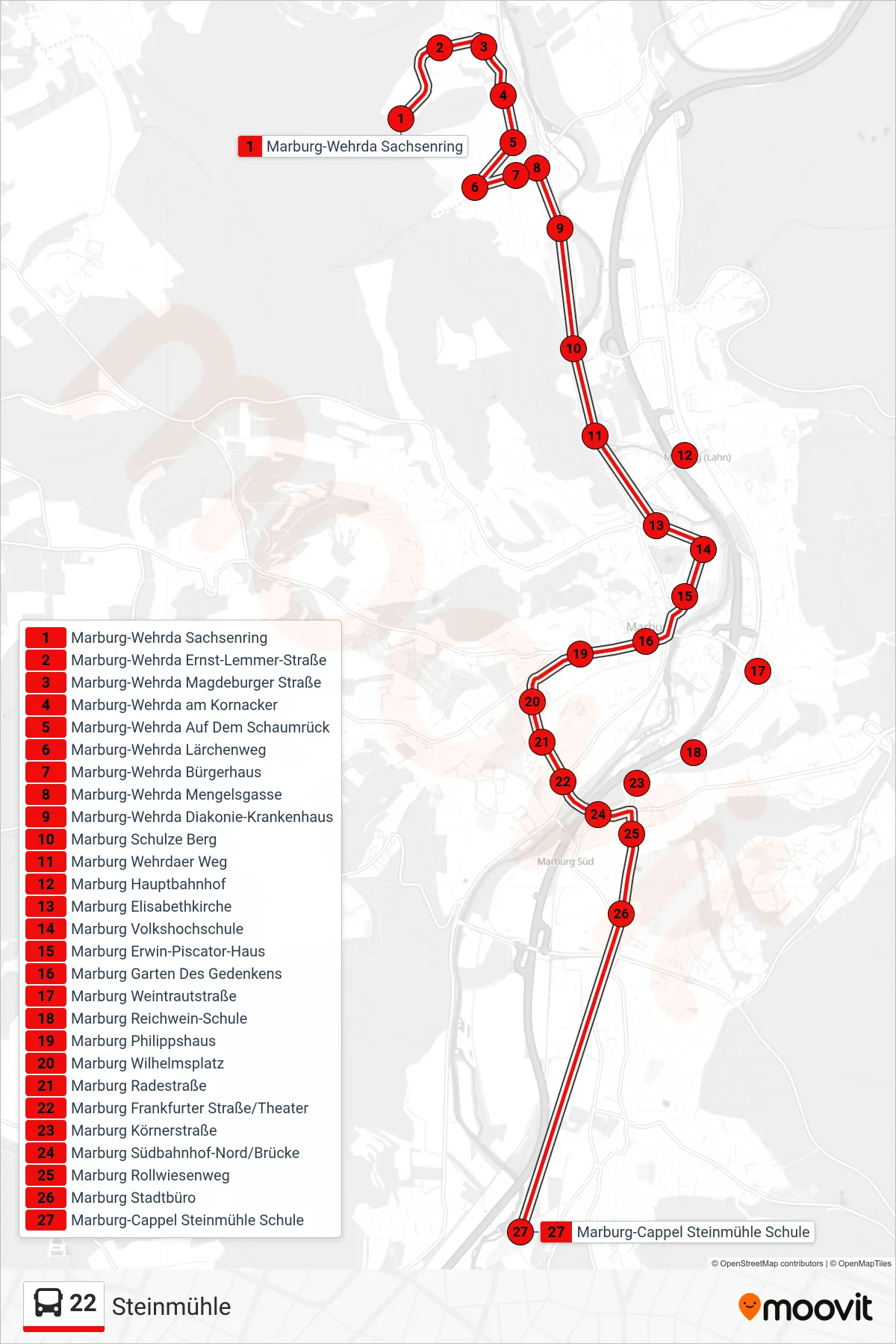 22 bus Line (Steinmühle) route and stops on a map