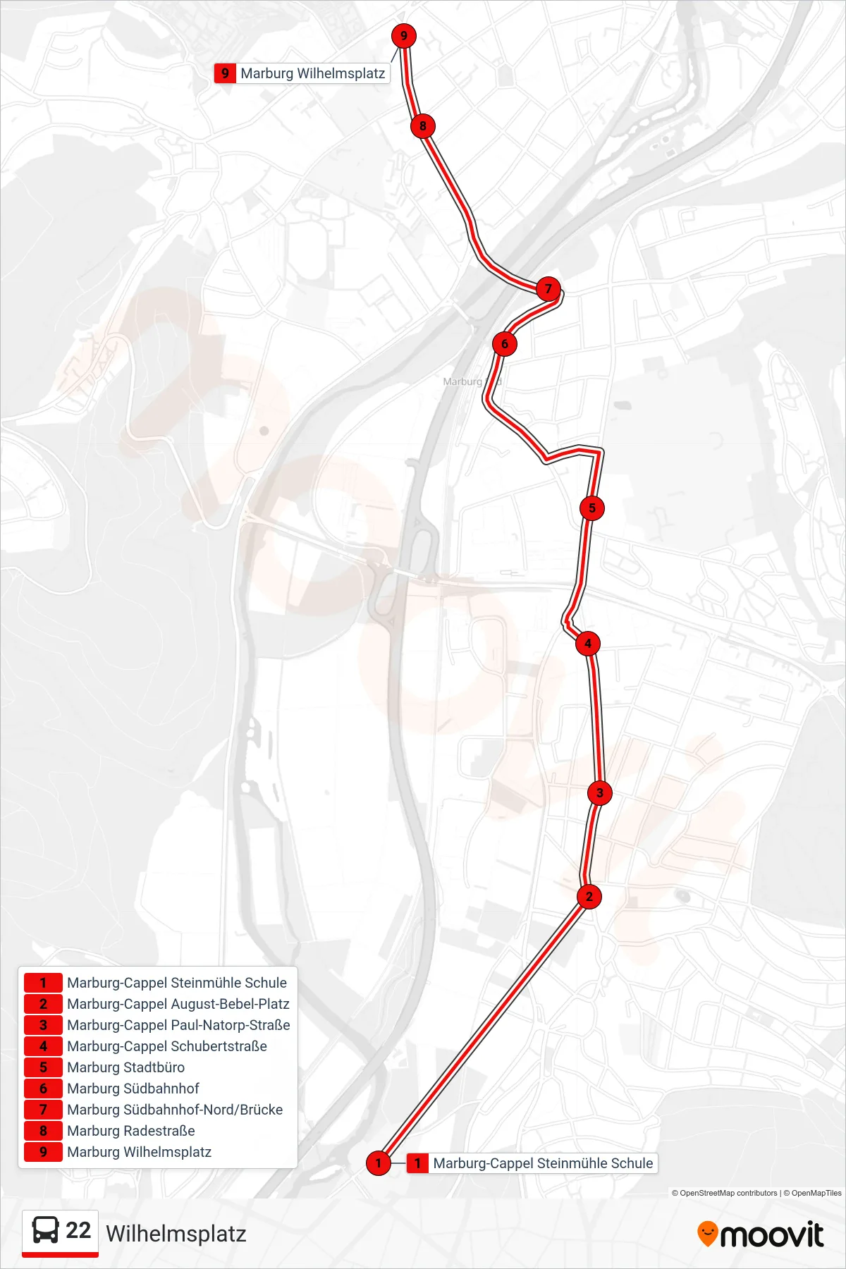 22 bus Line (Wilhelmsplatz) route and stops on a map