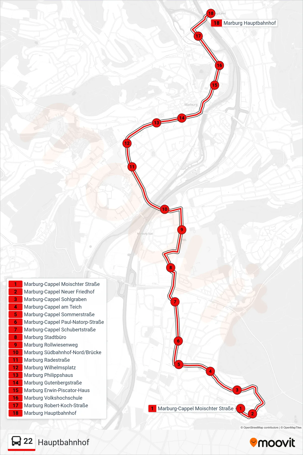 Linie 22 (Bus) Richtung Hauptbahnhof: Route und Haltestellen auf der Karte