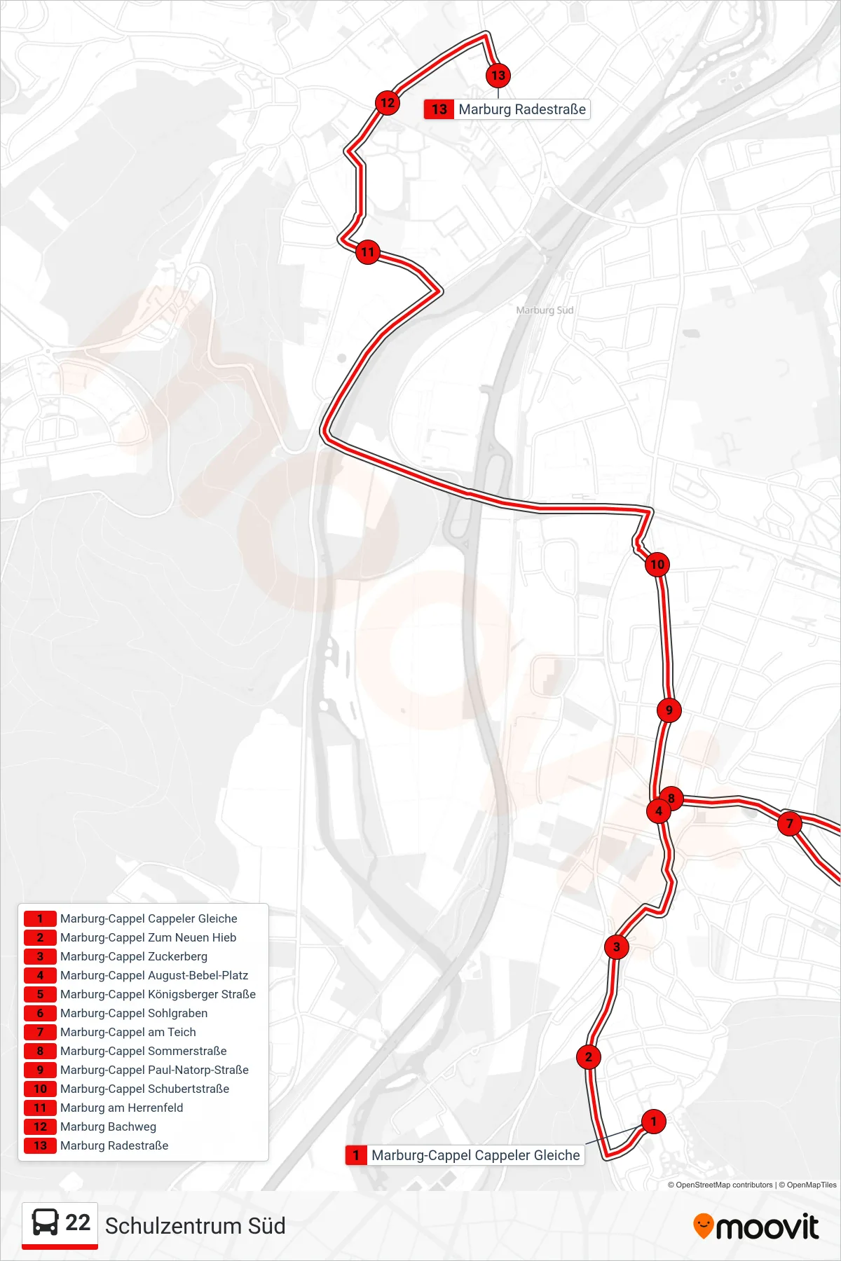 22 bus Line (Schulzentrum Süd) route and stops on a map