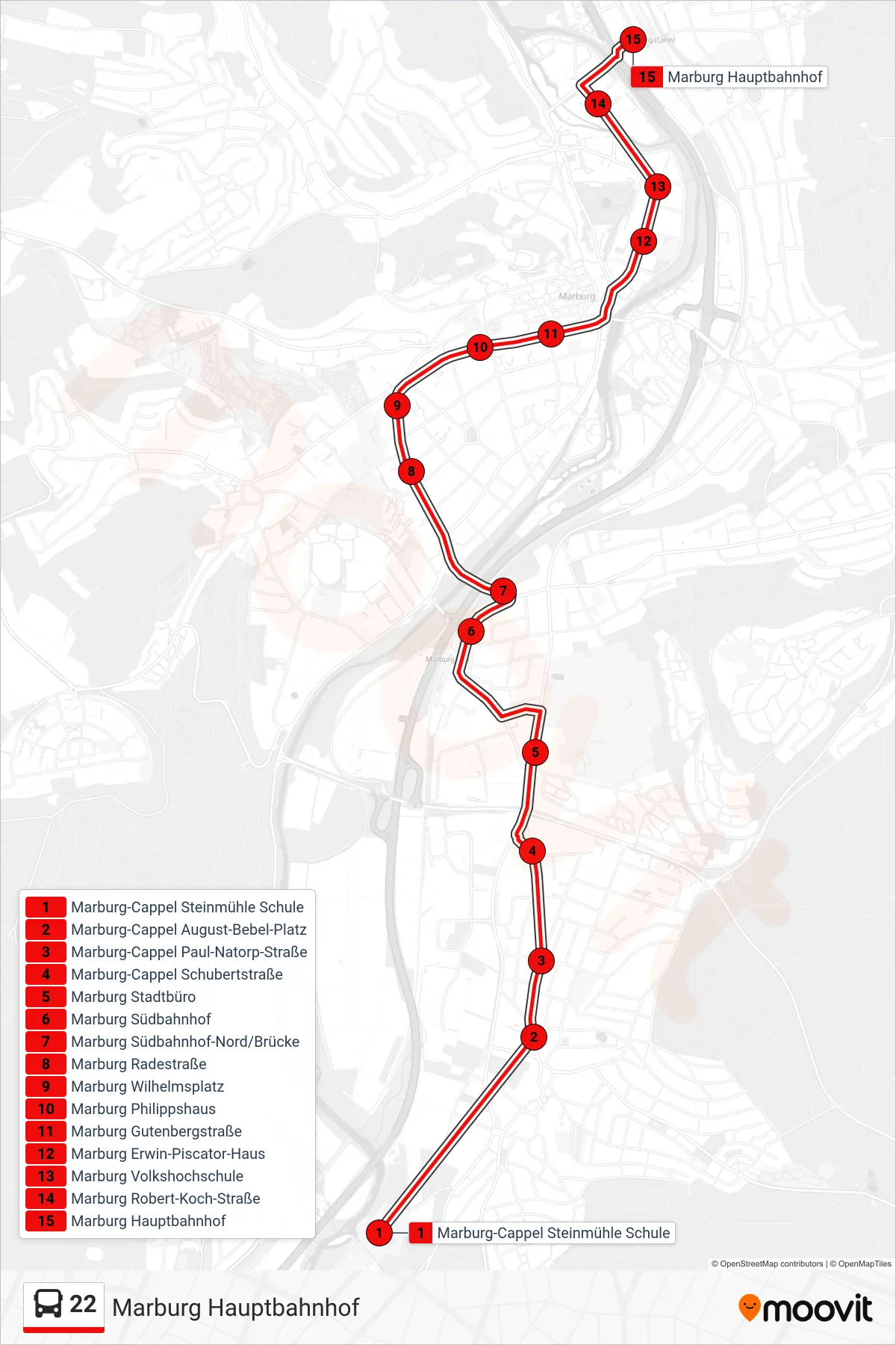 22 bus Line (Marburg Hauptbahnhof) route and stops on a map