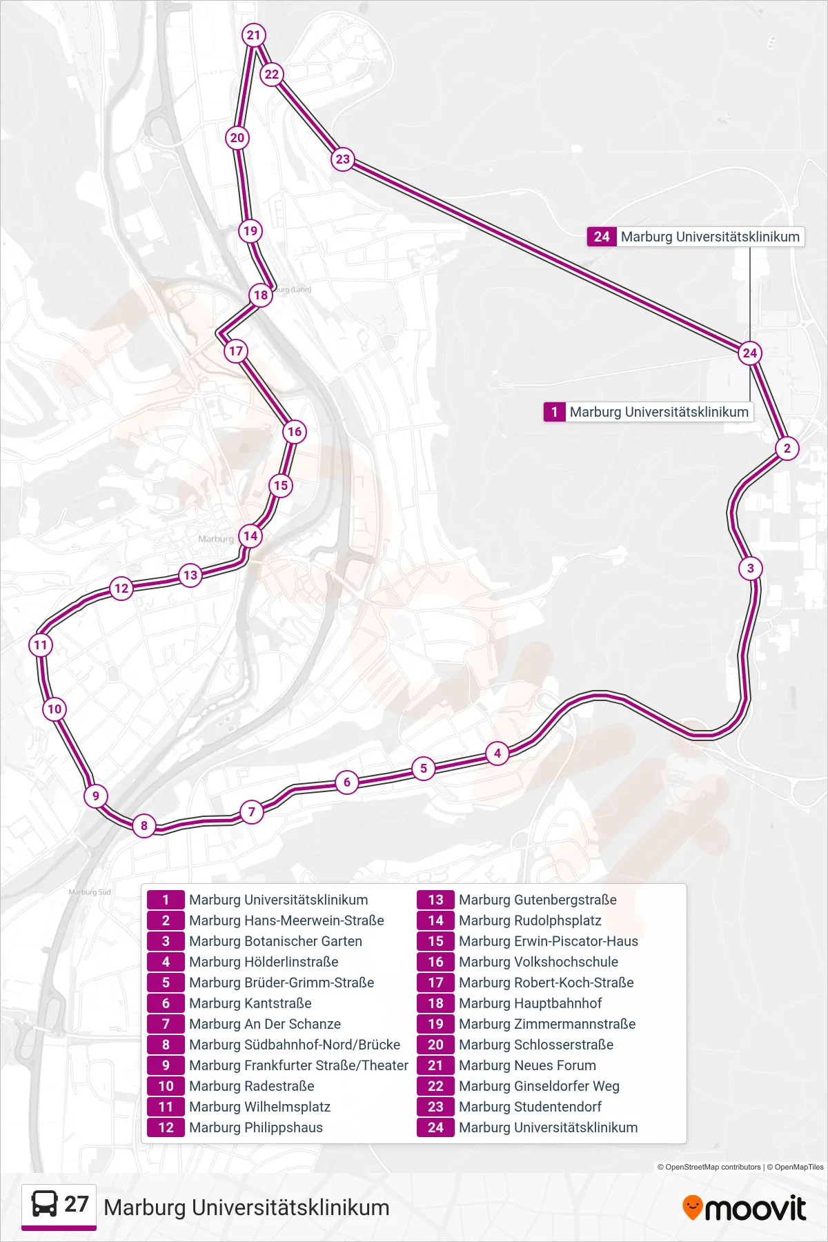 Linie 27 (Bus) Richtung Marburg Universitätsklinikum: Route und Haltestellen auf der Karte