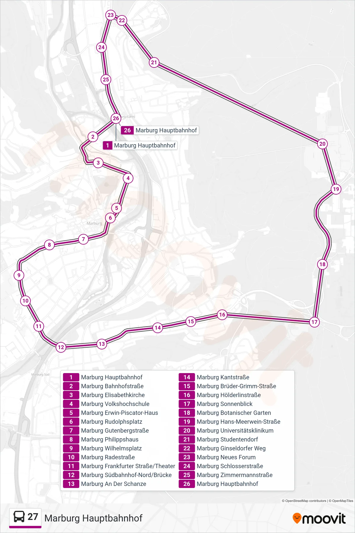 Linie 27 (Bus) Richtung Marburg Hauptbahnhof: Route und Haltestellen auf der Karte