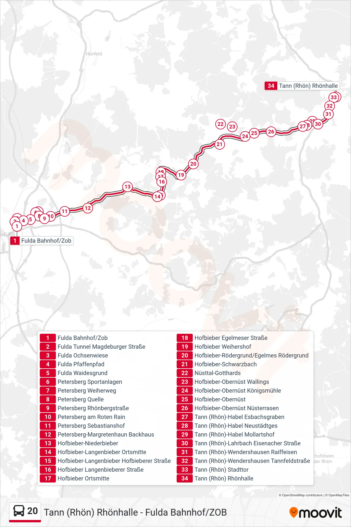 20 bus Line (Tann (Rhön) Rhönhalle) route and stops on a map