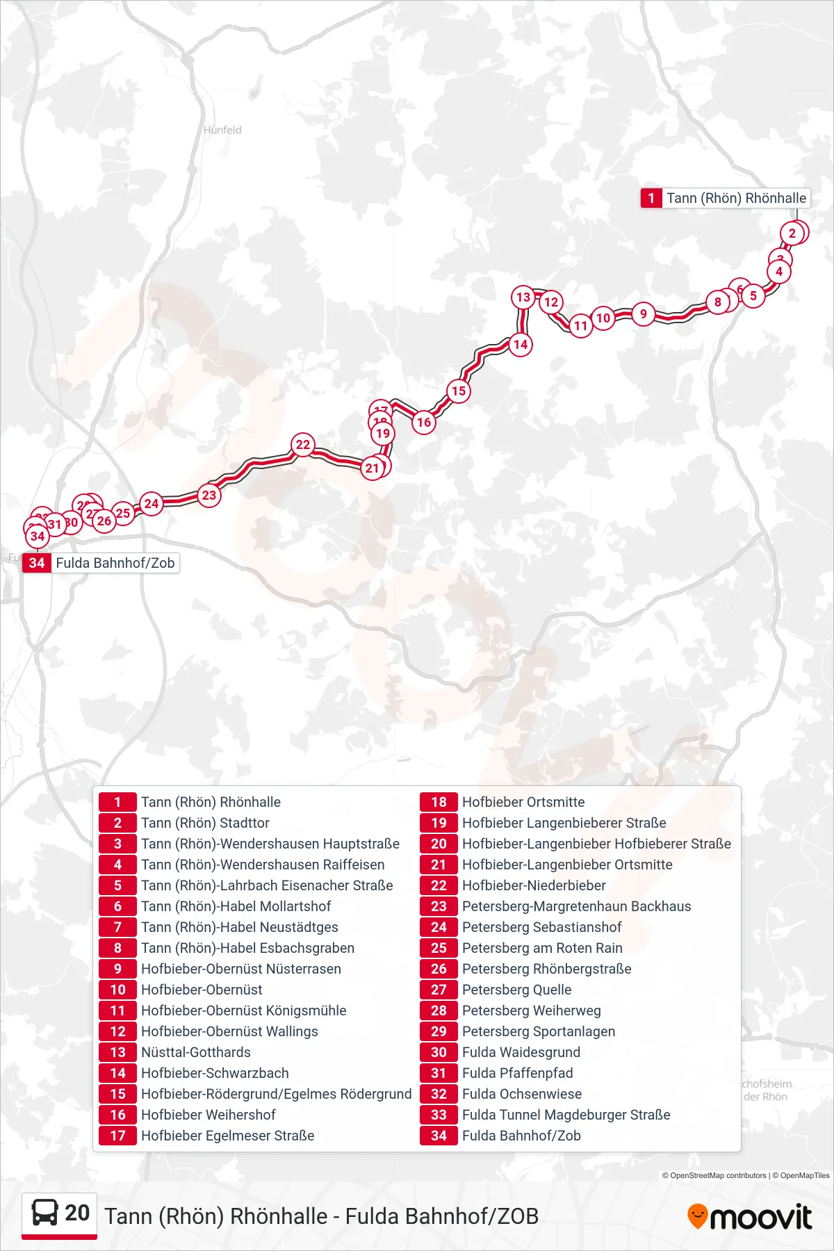 20 bus Line (Fulda Bahnhof/Zob) route and stops on a map
