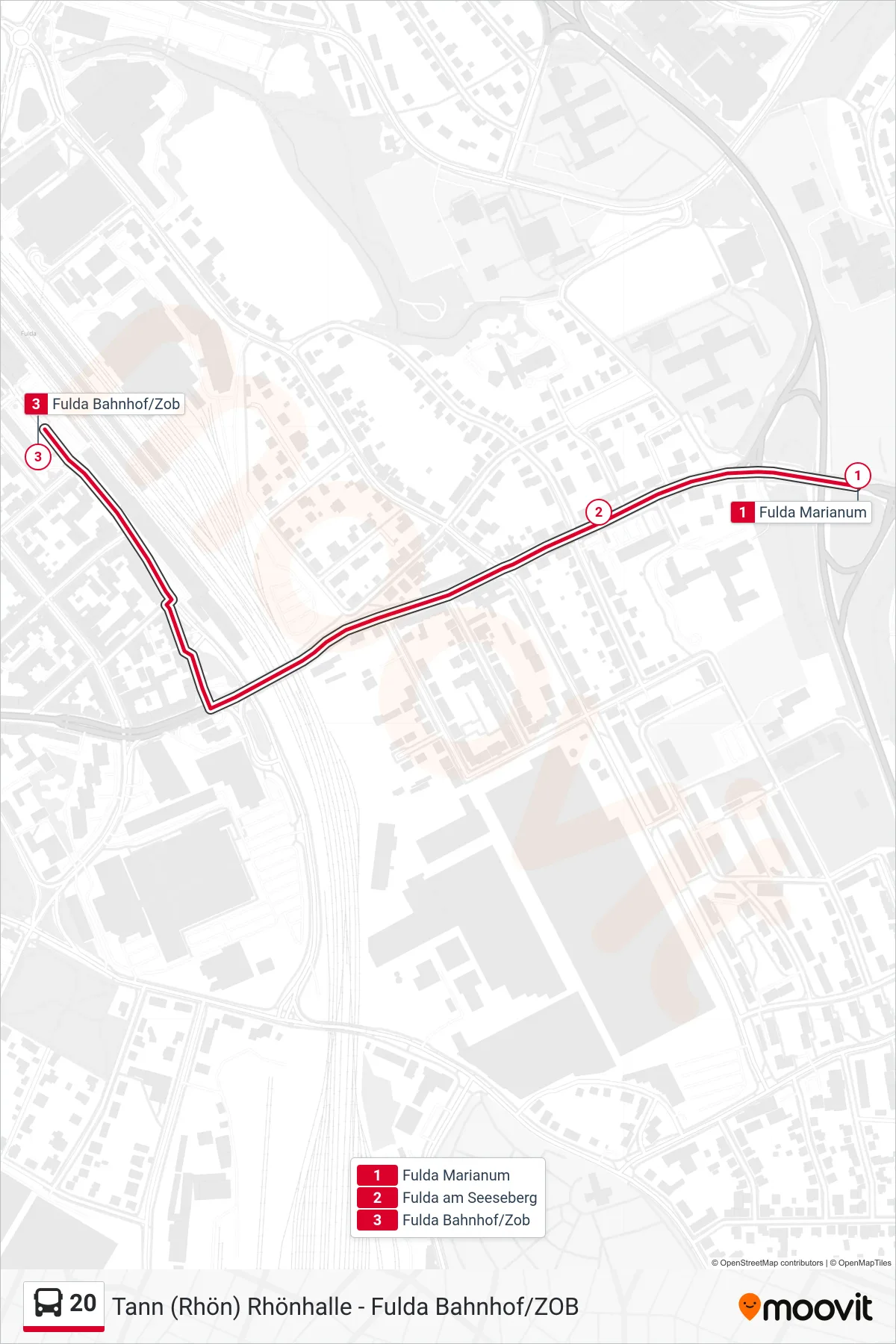20 bus Line (Fulda Bahnhof/Zob) route and stops on a map