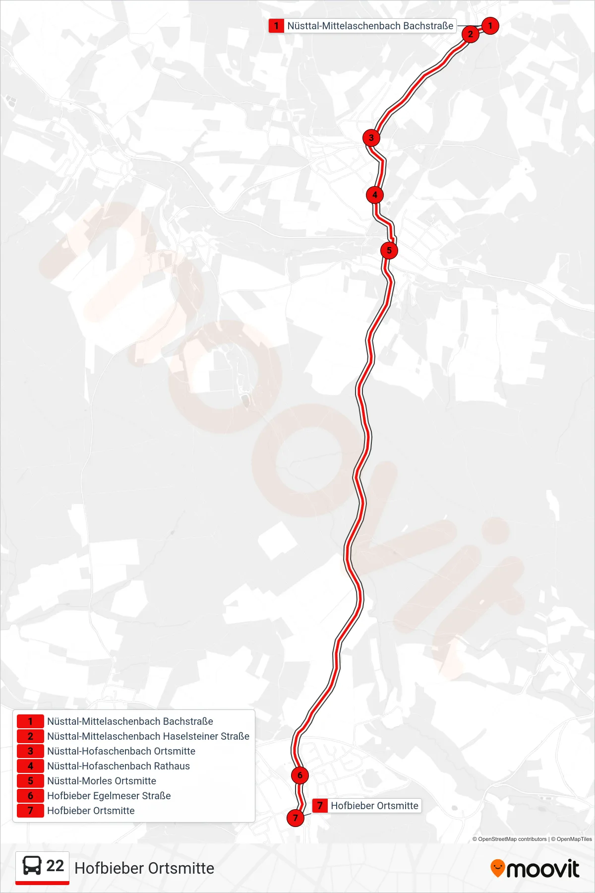 22 bus Line (Hofbieber Ortsmitte) route and stops on a map