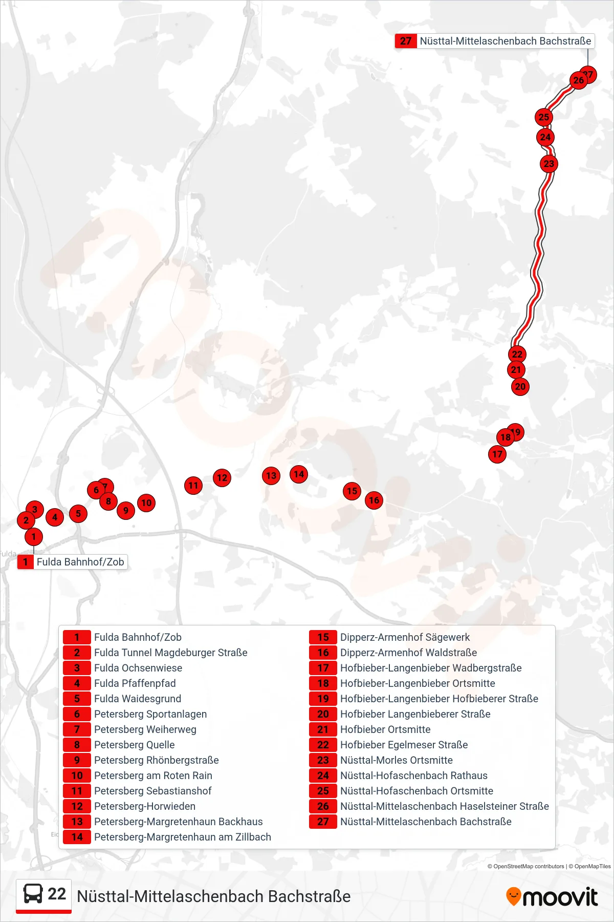 Linie 22 (Bus) Richtung Nüsttal-Mittelaschenbach Bachstraße: Route und Haltestellen auf der Karte