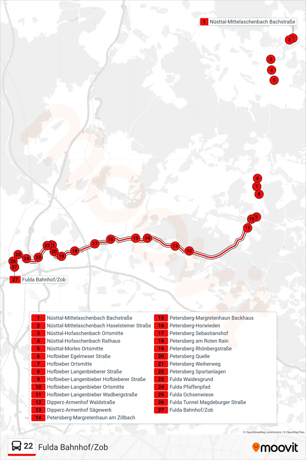 22 bus Line (Fulda Bahnhof/Zob) route and stops on a map