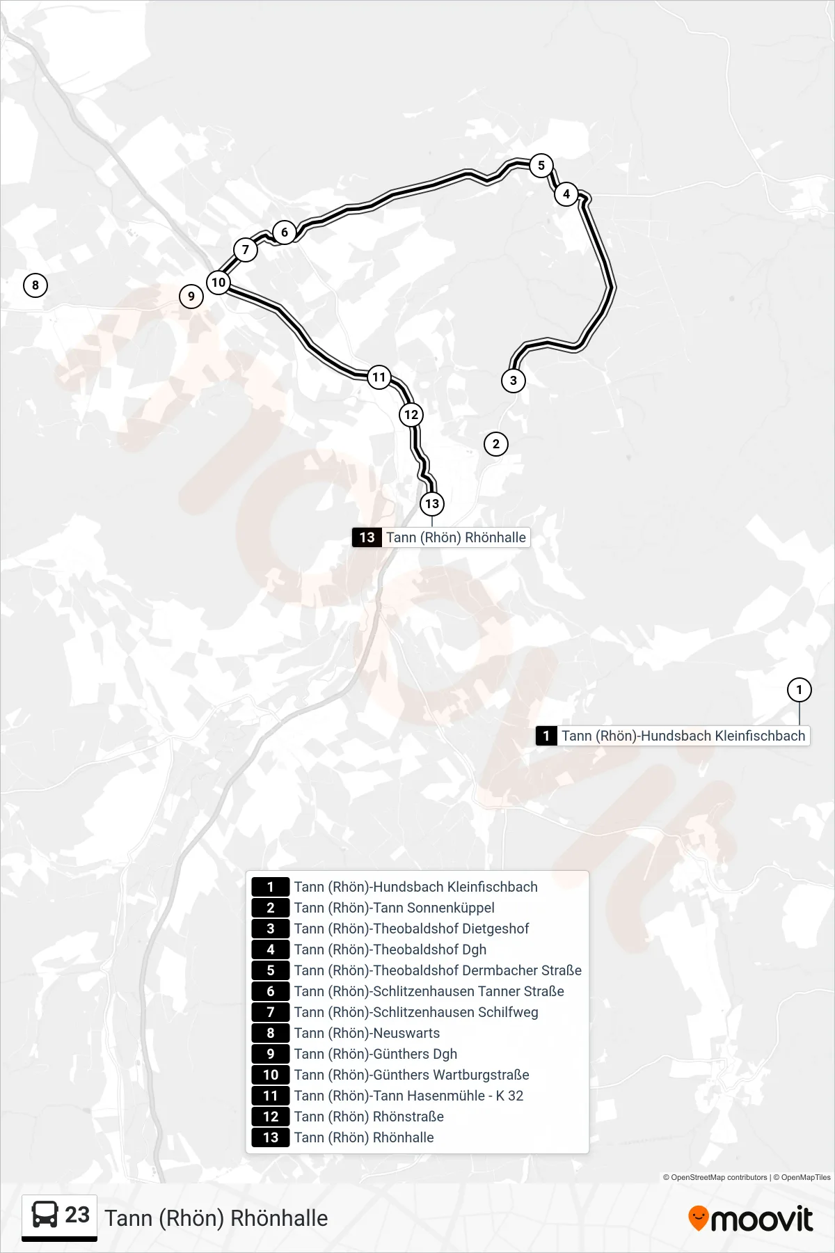 23 bus Line (Tann (Rhön) Rhönhalle) route and stops on a map