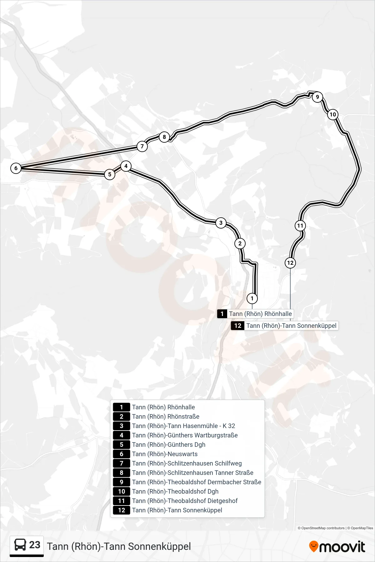 Linie 23 (Bus) Richtung Tann (Rhön)-Tann Sonnenküppel: Route und Haltestellen auf der Karte