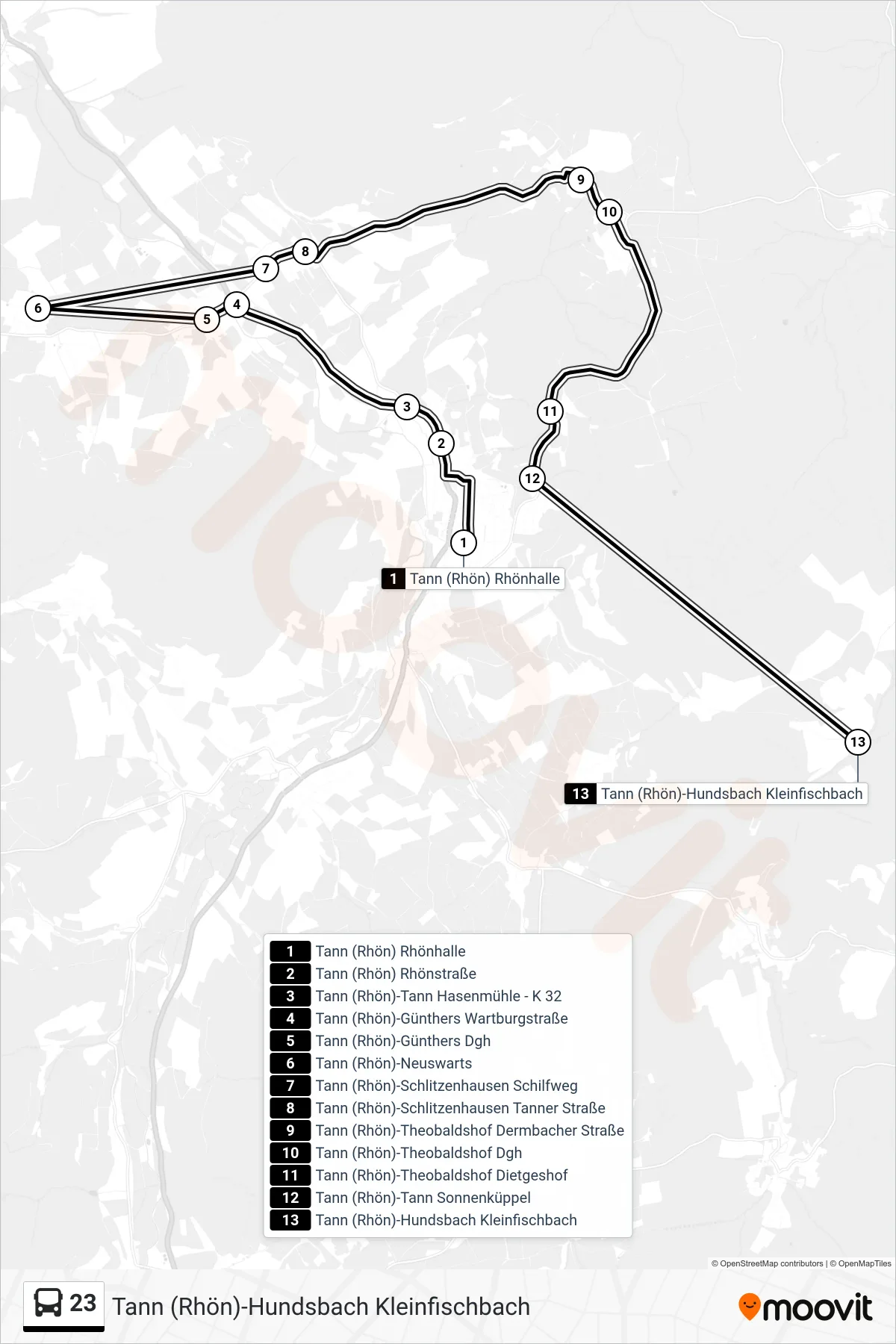 23 bus Line (Tann (Rhön)-Hundsbach Kleinfischbach) route and stops on a map