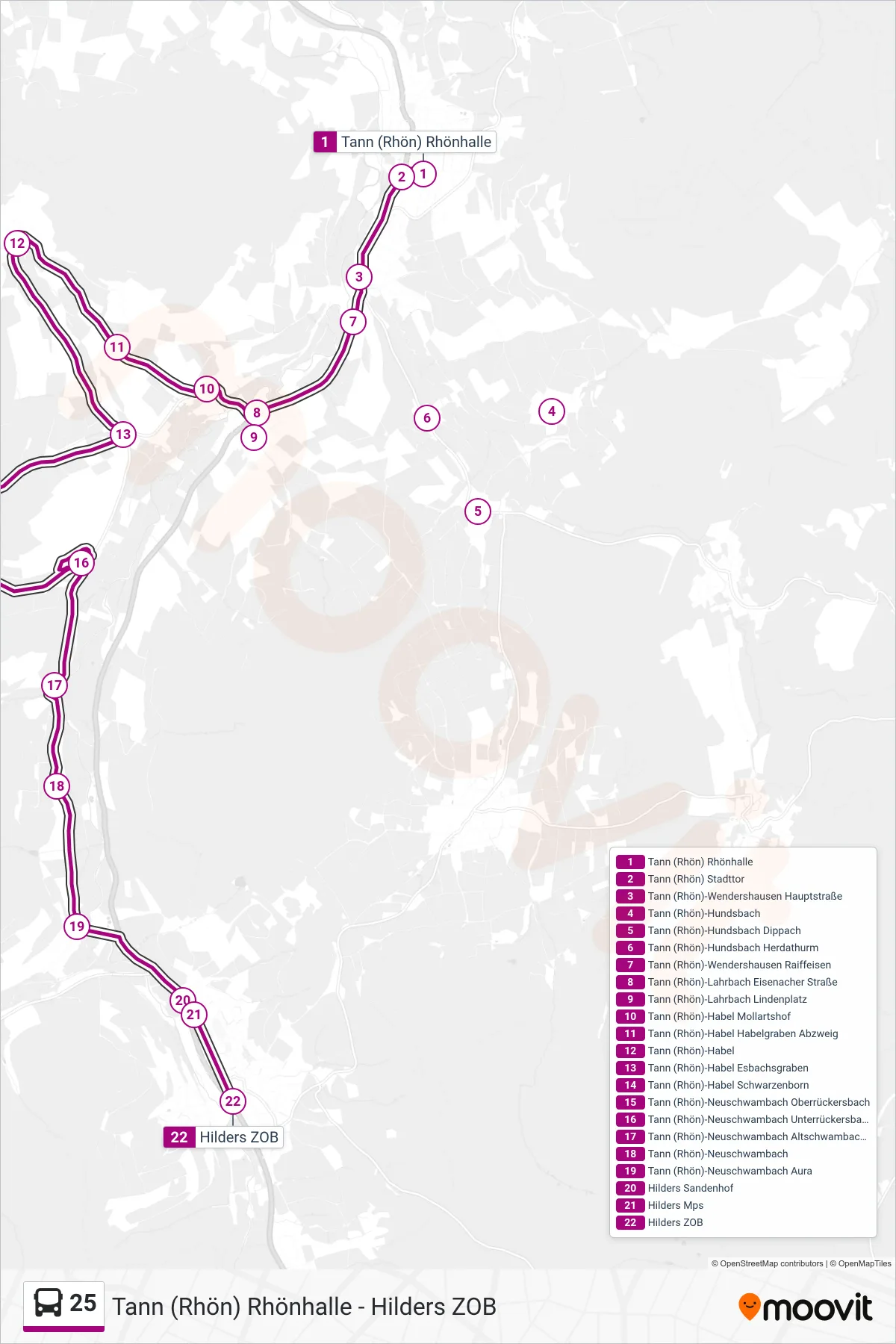 25 bus Line (Hilders ZOB) route and stops on a map