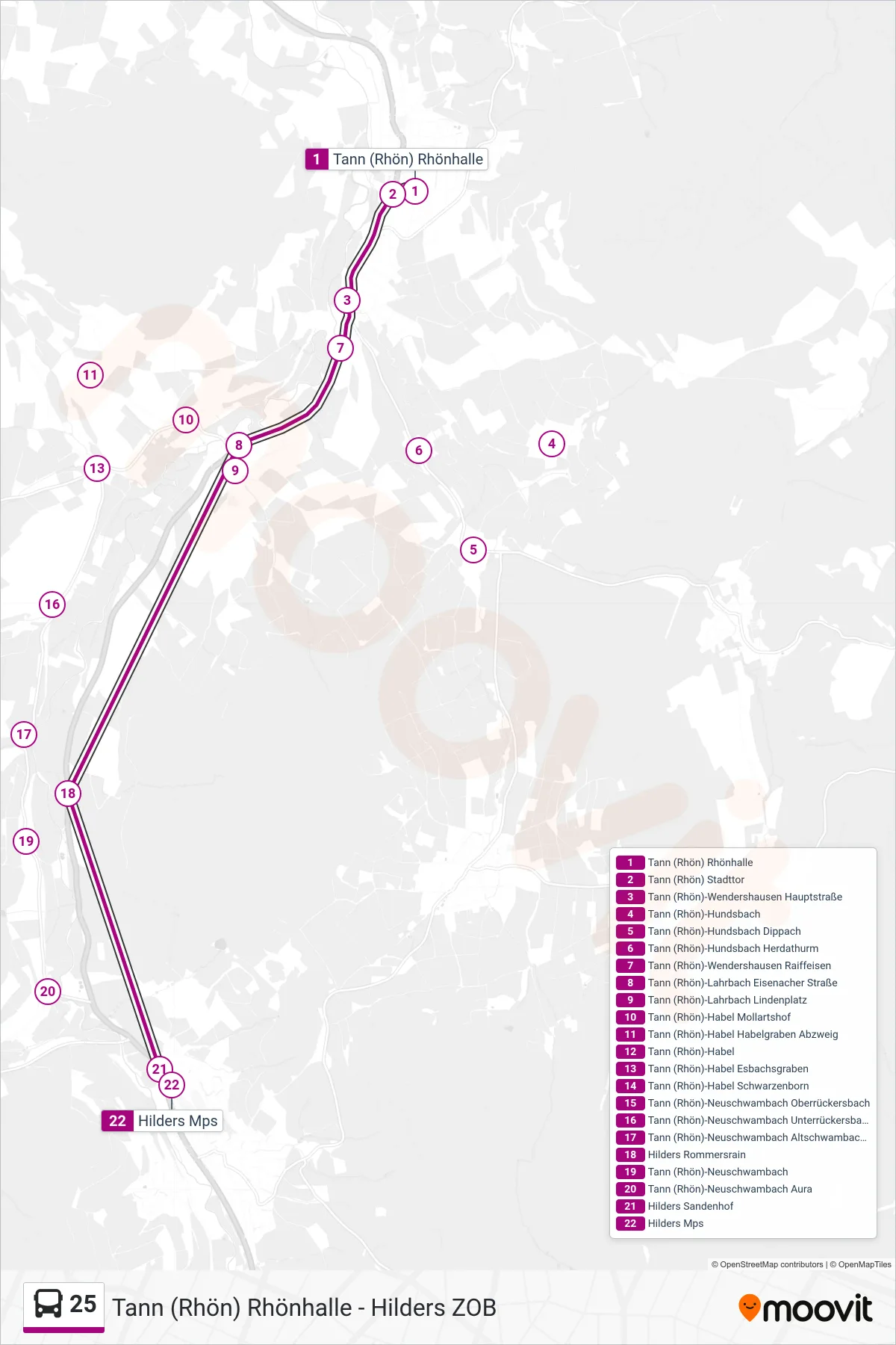 25 bus Line (Hilders Mps) route and stops on a map